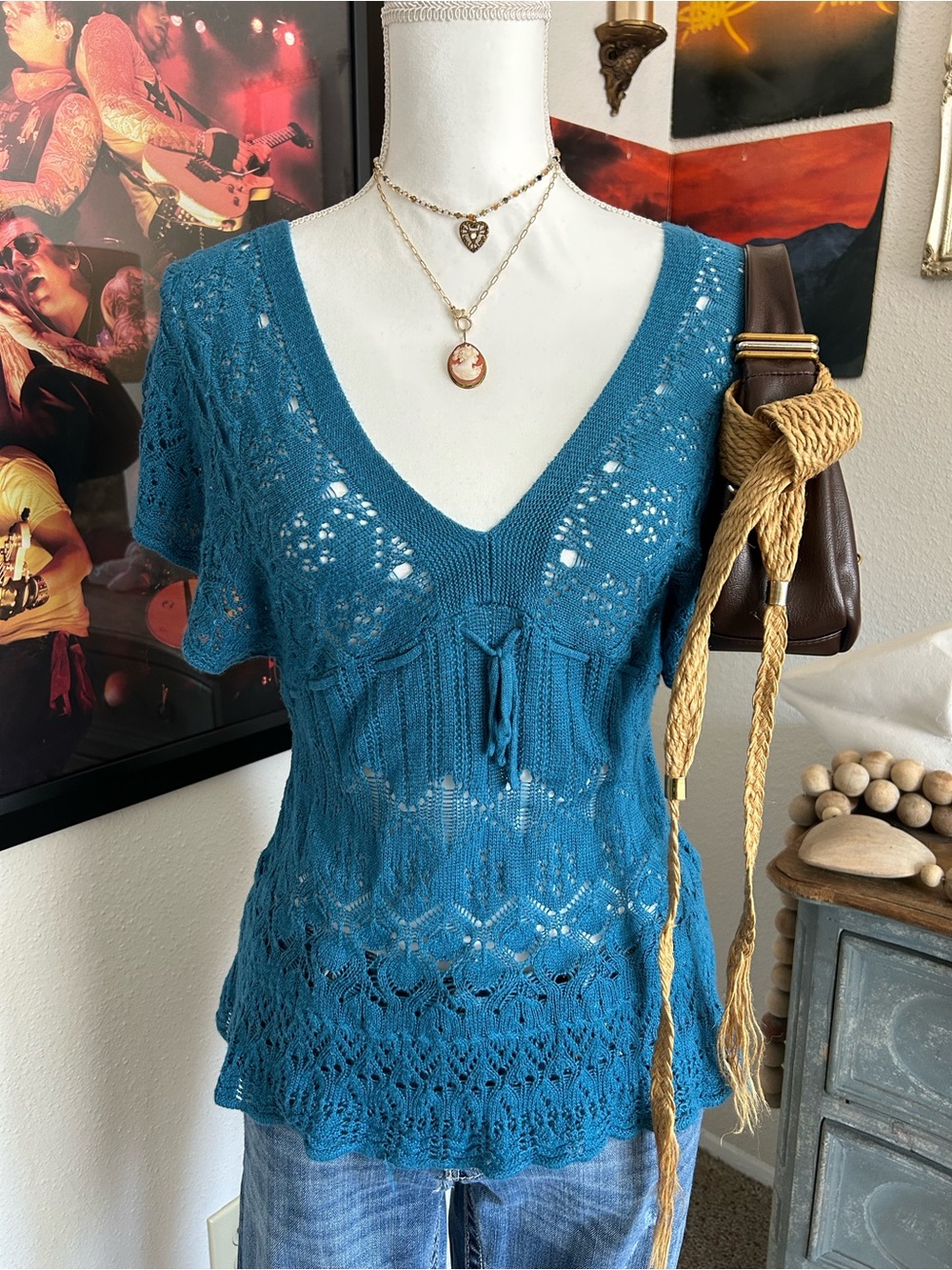 Vintage Y2K Fairy Babydoll Top Size M Blue Crochet Knit Flare Sleeve Sheer Boho
